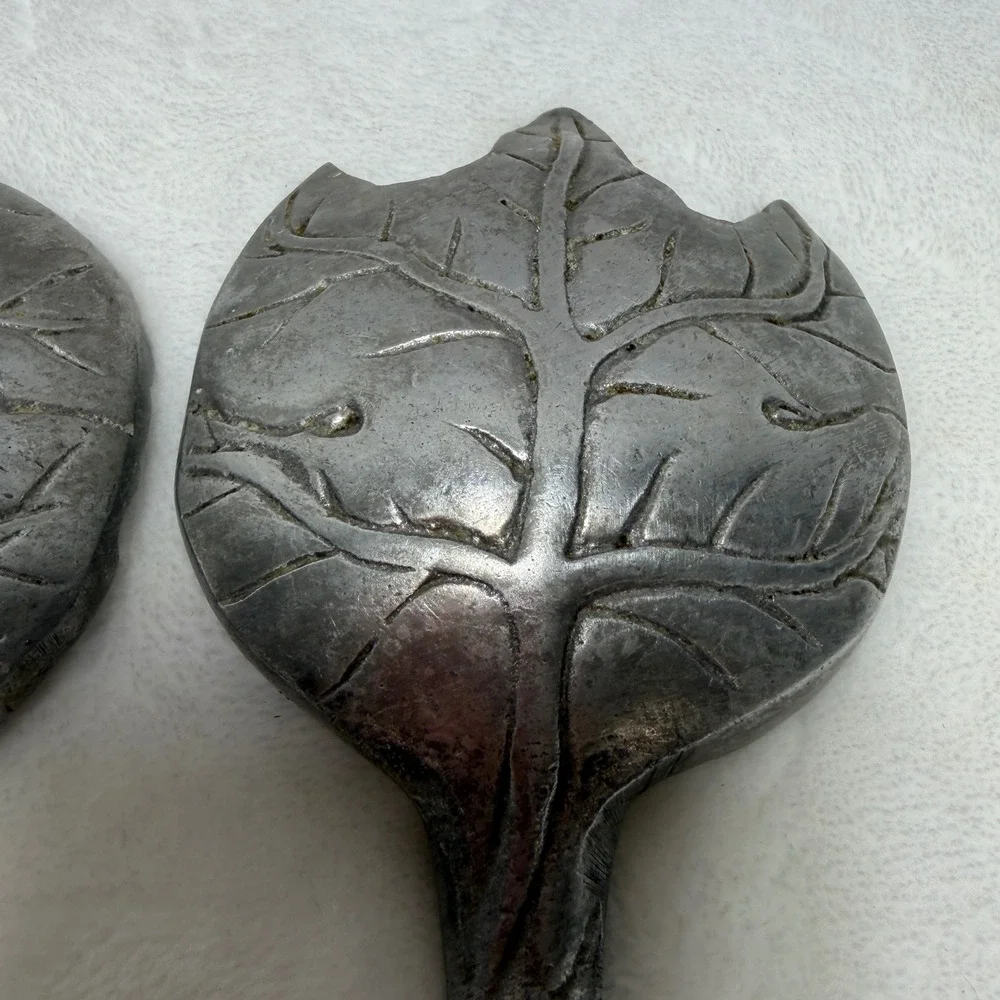 VTG Cast Metal Leaf Salad Serving Set Silver Tone Rustic Botanical Twig Handle